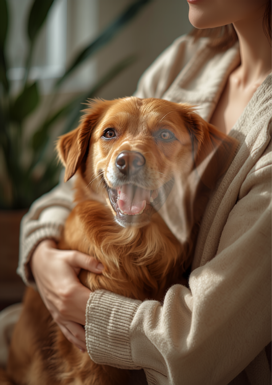 Glücklicher Hund wird liebevoll von seinem Menschen im Arm gehalten