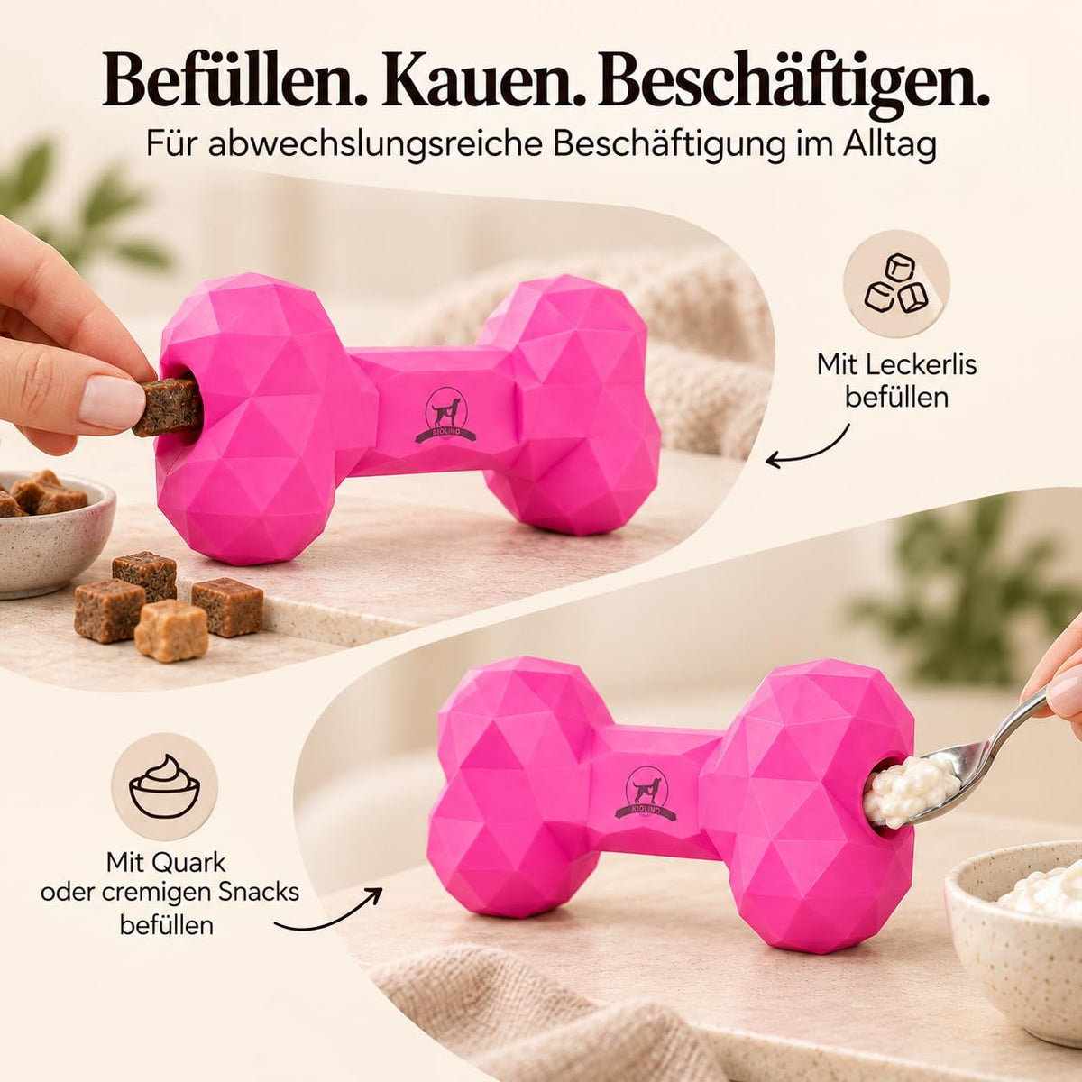 Diamond Bone in Hot Pink wird seitlich mit einem Leckerli und mit einem Löffel Quark befüllt