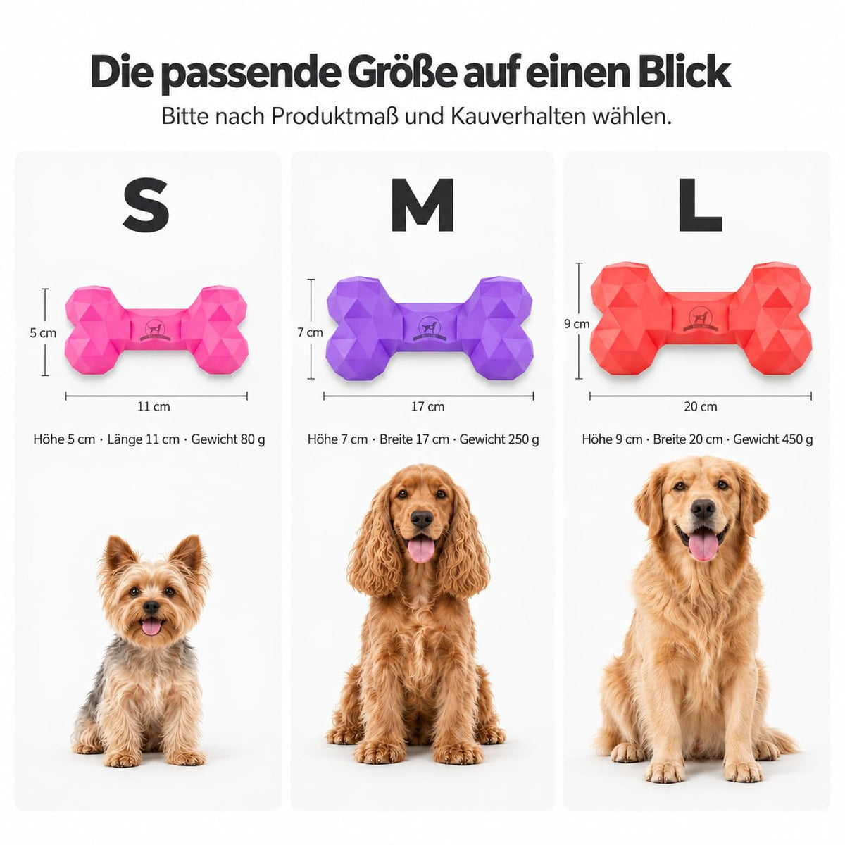 Größenübersicht Diamond Bone: S 11 × 5 cm und 80 g, M 17 × 7 cm und 250 g, L 20 × 9 cm und 450 g, darunter je ein Beispielhund