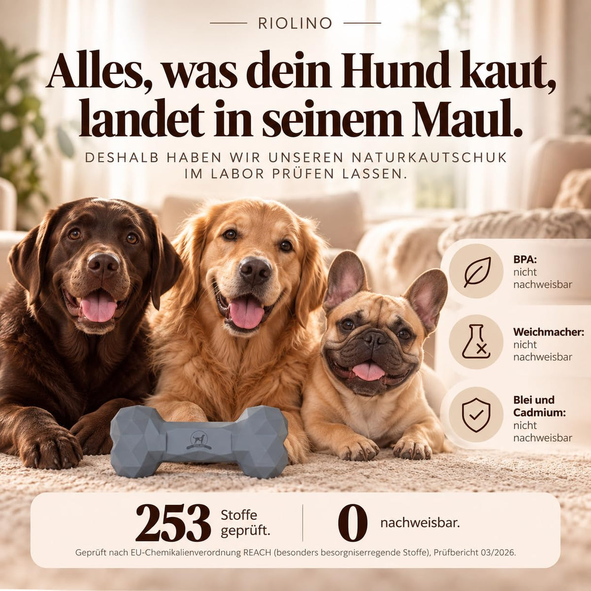 Drei Hunde liegen hinter dem grauen Diamond Bone, dazu Angaben zur Laborprüfung nach EU-Chemikalienverordnung REACH, Prüfbericht 03/2026: 253 Stoffe geprüft, keiner nachweisbar