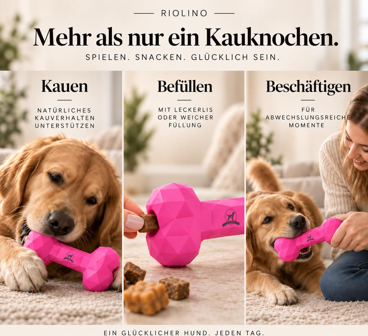Drei Szenen mit dem Diamond Bone in Hot Pink: ein Golden Retriever kaut darauf, eine Hand füllt ein Leckerli in die Öffnung, eine Frau spielt mit dem Hund