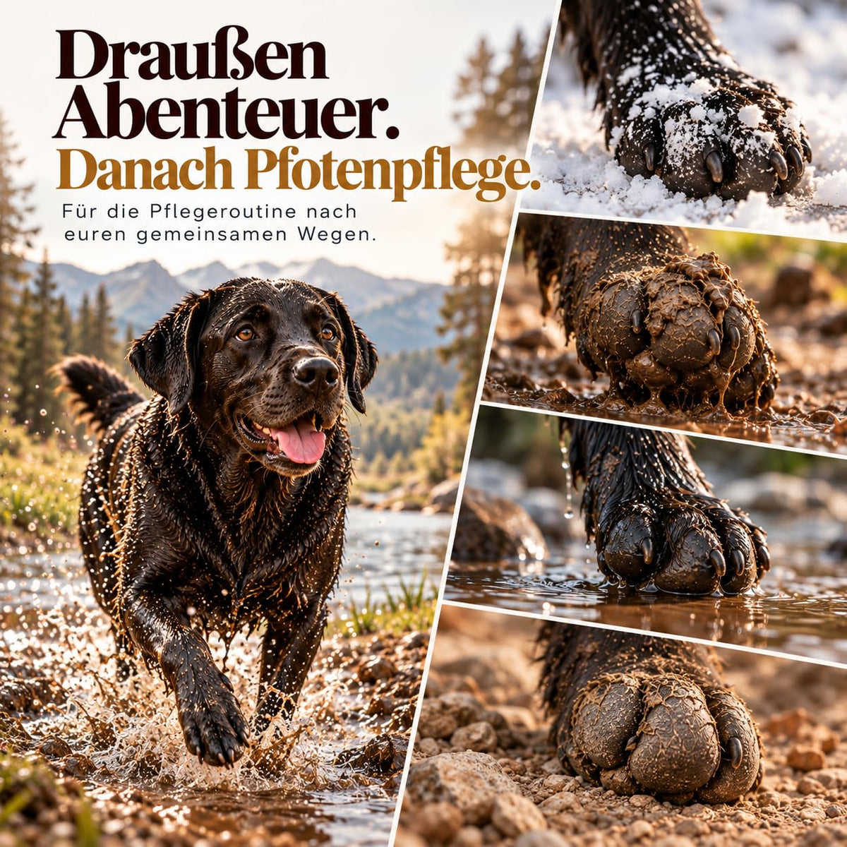 Schwarzer Labrador läuft durch einen Bach, daneben Pfoten in Schnee, Matsch, Wasser und auf Kies
