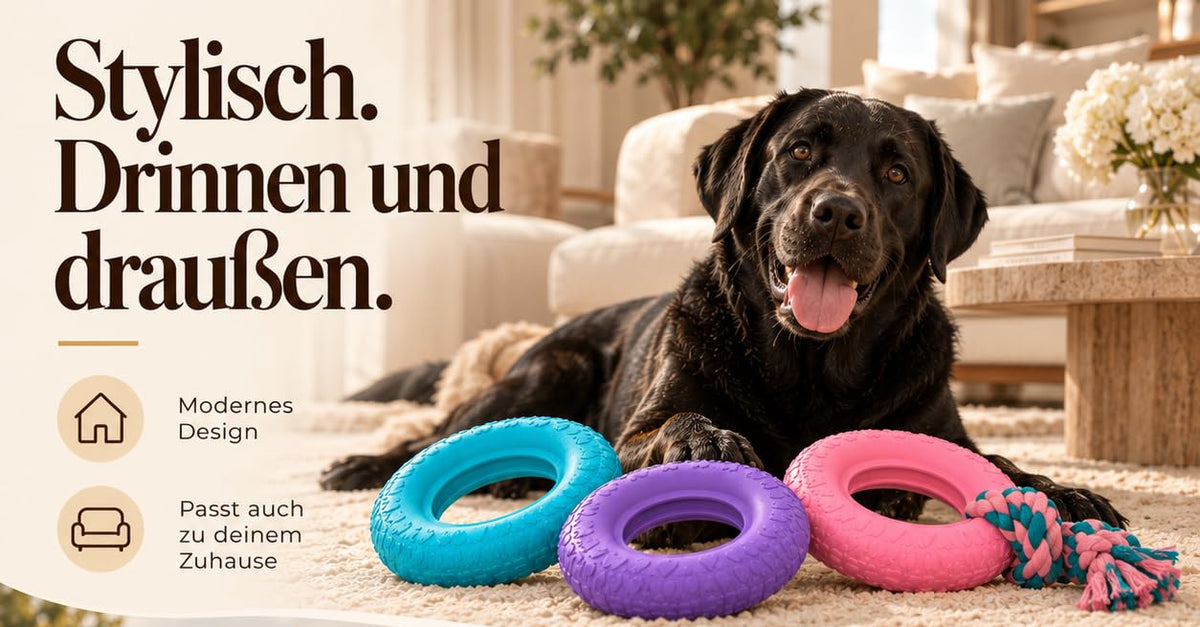 Riolino PowerRing in Türkis, Velvet und Pink mit Seil auf einem Teppich, dahinter liegt ein schwarzer Labrador