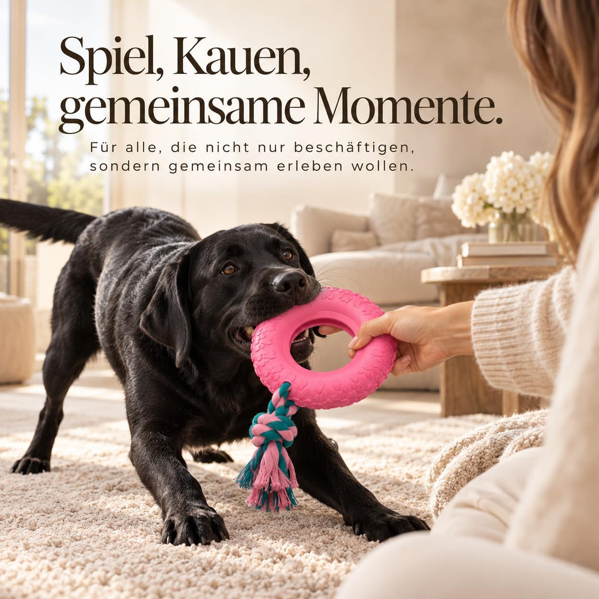 Schwarzer Labrador zieht spielerisch am Riolino PowerRing in Pink mit Seil, den eine Frau festhält